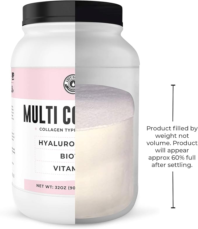 Multi Collagen Powder with Biotin, Hyaluronic Acid, Vitamin C (2lb Value Size) | Hydrolyzed Collagen Supplement (Types I, II, III, V, X). Hair, Skin, Nails for Women, Men