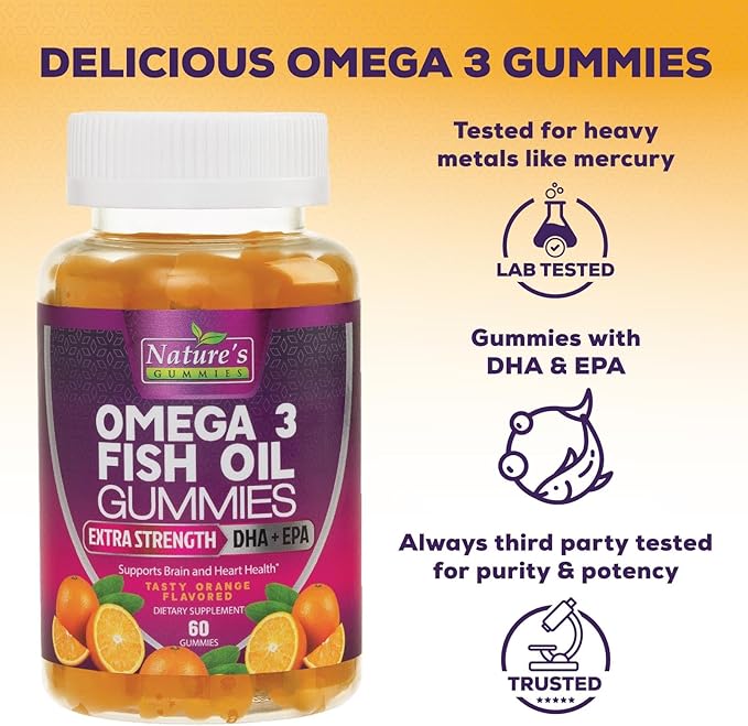 Omega Fish Oil Gummies - Delicious Orange Flavor Fish Oil Omega 3 Supplements with Heart Healthy EPA & DHA Fatty Acids for Heart, Joint & Brain Support - Omega 3 Fish Oil Gummy Vitamins - 60 Gummies
