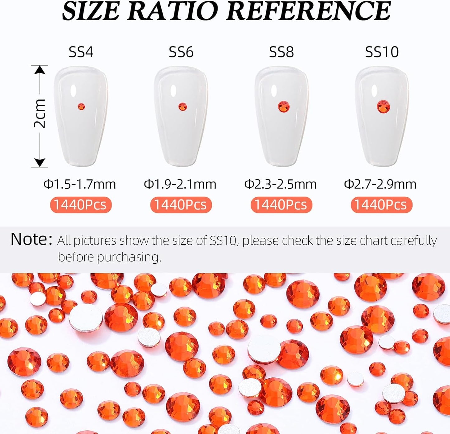 Hyacinth Flatback Rhinestones, Glass Rhinestones for Nail Art and Craft, Glue Fix, Loose Crystal Gemstones(Orange, SS10, 1440pcs, 2.7-2.8mm)