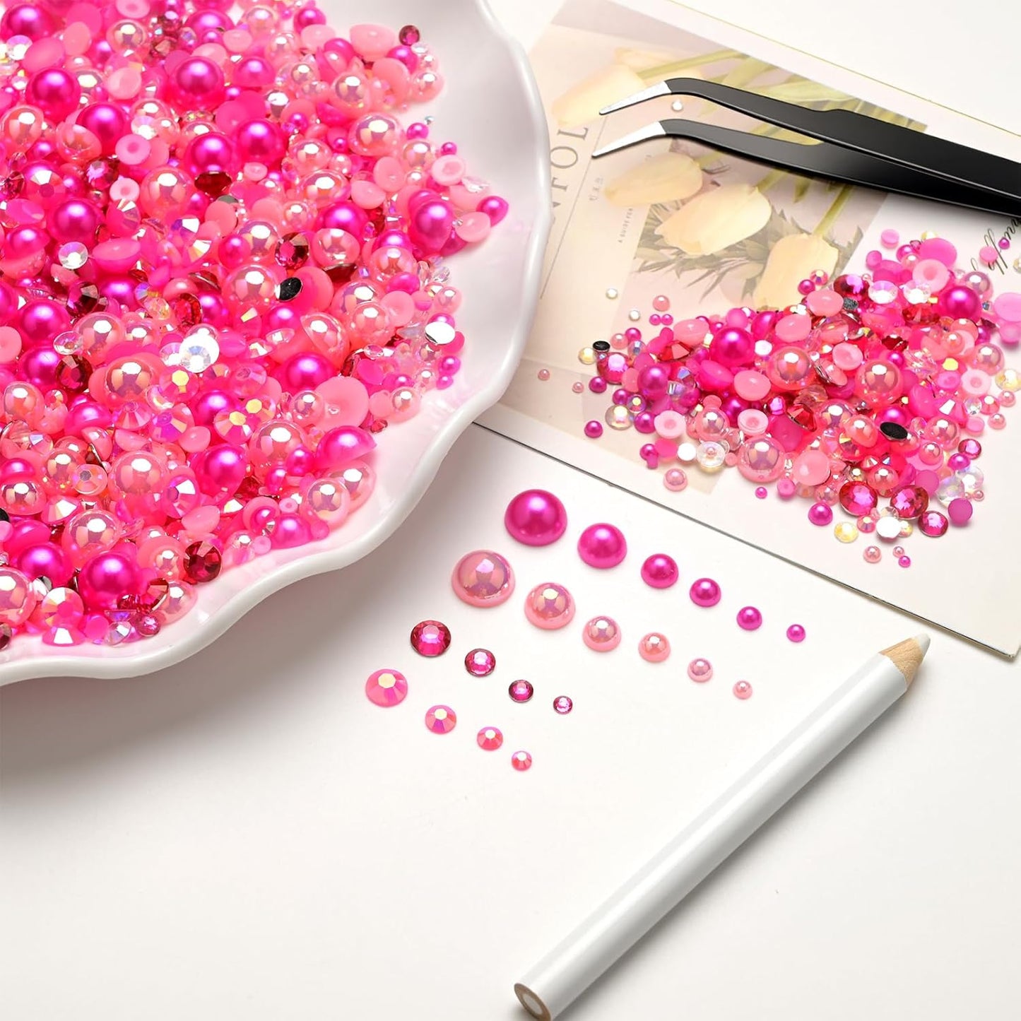 80g Mix Flatback Pearls and Rhinestones for Crafts Pink Mixed Size 2mm-10mm Half Round Pearls Rhinestones for Nail Art Tumblers Shoes DIY Bedazzling with Tweezers Wax Pen
