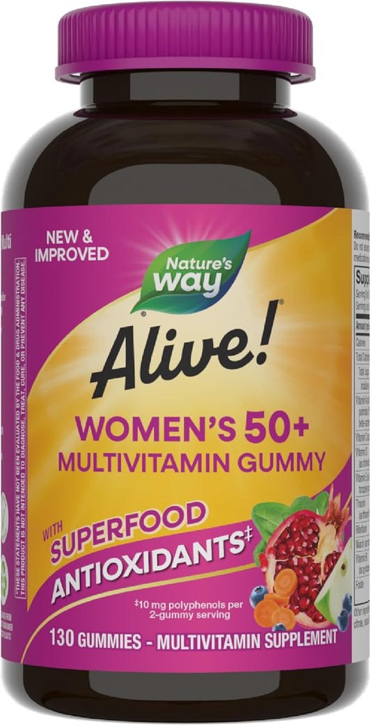 Nature's Way Alive! Women’s 50+ Daily Gummy Multivitamins, Supports Multiple Body Systems*, Supports Healthy Heart, Brain & Bones,* B-Vitamins, Mixed Berry Flavored, 130 Gummies (Packaging May Vary)