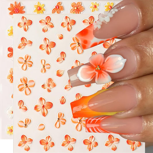 Fall Flowers Nail Art Stickers, Fall Gradient Orange Flower Nail Decals 5d Embossed Small Yellow Flower 2Pcs Nail Art Supplies for Women Nail Decoration