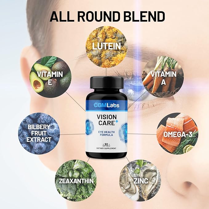 Vison Care Plus - Complete Dietary Supplement for Your Vision- Lutein 20mg, Zeaxanthin, Vitamin A, Bilberry Extract - 90 Softgels by CGM Labs