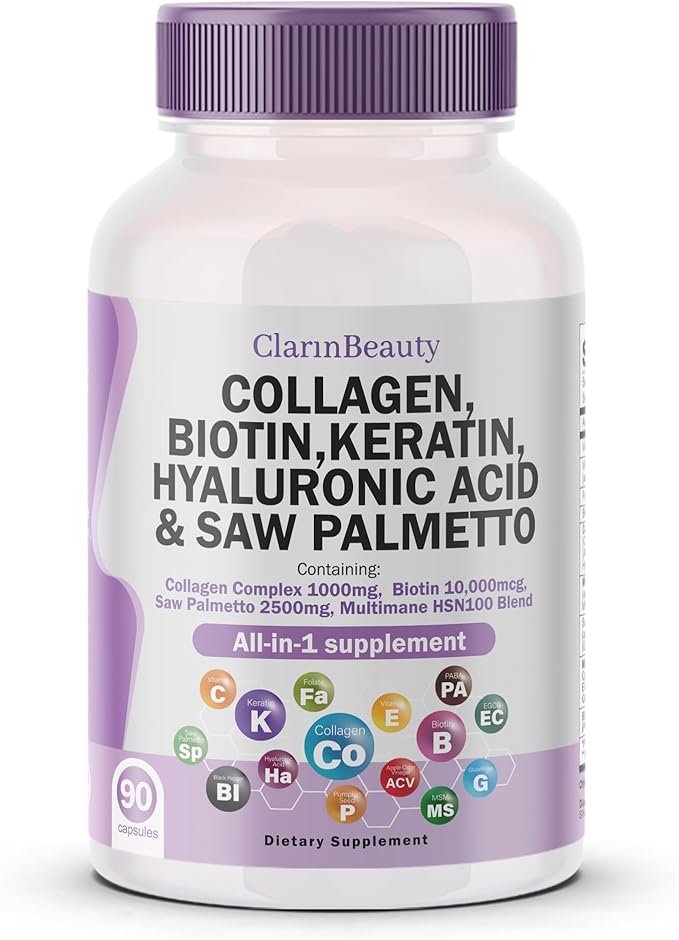 100% Natural Collagen Pills 1000mg Biotin 10000mcg Keratin Saw Palmetto 2500mg Hyaluronic Acid & Pumpkin Seed with Vitamin C and Vitamin E