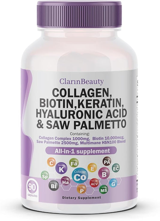 100% Natural Collagen Pills 1000mg Biotin 10000mcg Keratin Saw Palmetto 2500mg Hyaluronic Acid & Pumpkin Seed with Vitamin C and Vitamin E