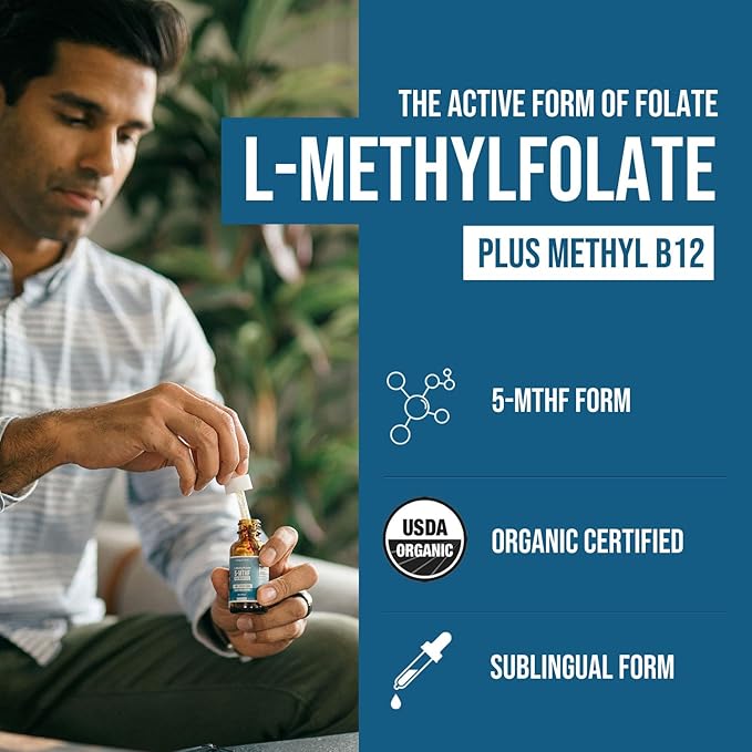 L Methyl Folate 15mg Plus Methyl B12 Cofactor – Organic, Berry Flavor, Professional Strength, Liquid Sublingual, Active 5-MTHF Form - Supports Mood, Homocysteine Methylation, Cognition (1oz)