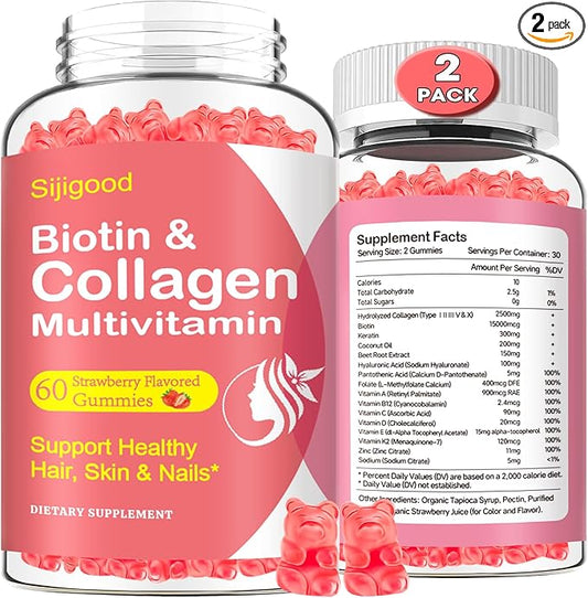 2 Pack Collagen Gummies for Women Men, 2500mg Protein Type I,II,III,V,X with 15000mcg Biotin, Keratin, Vitamin C A B6 B12 D E for Skin Hair Nails & Joints, Immunity Energy Digestion