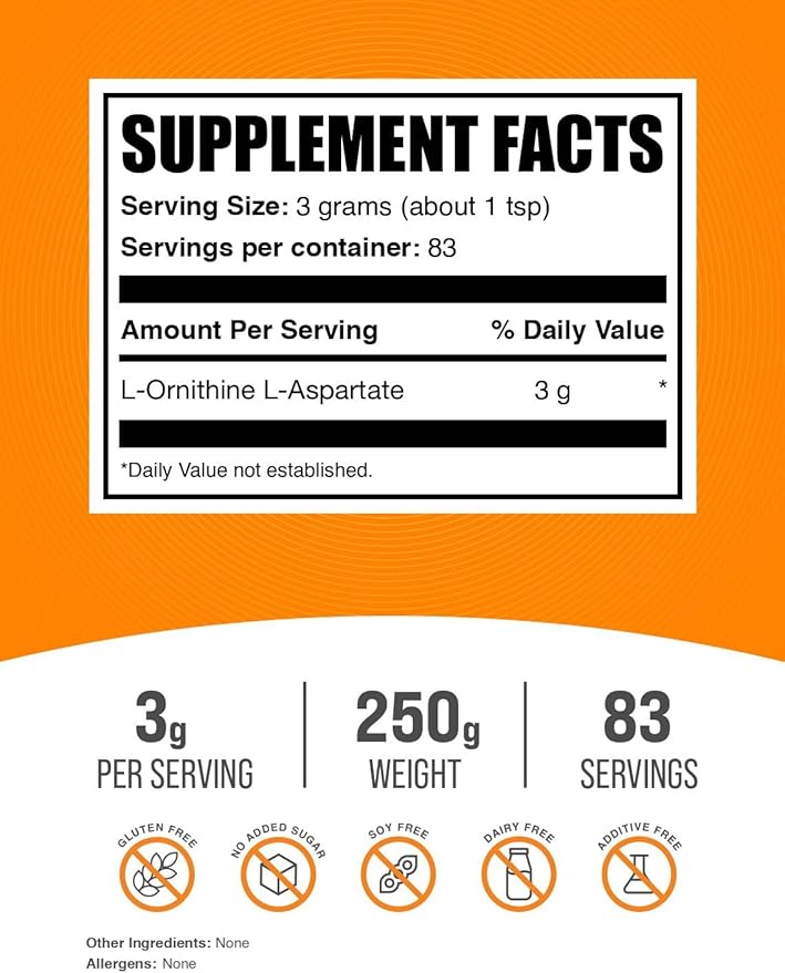 BulkSupplements.com L-Ornithine L-Aspartate Powder - Ornithine Supplement, Ornithine Powder - Amino Acid Supplement, Gluten Free, 3g per Serving, 250g (8.8 oz) (Pack of 1)