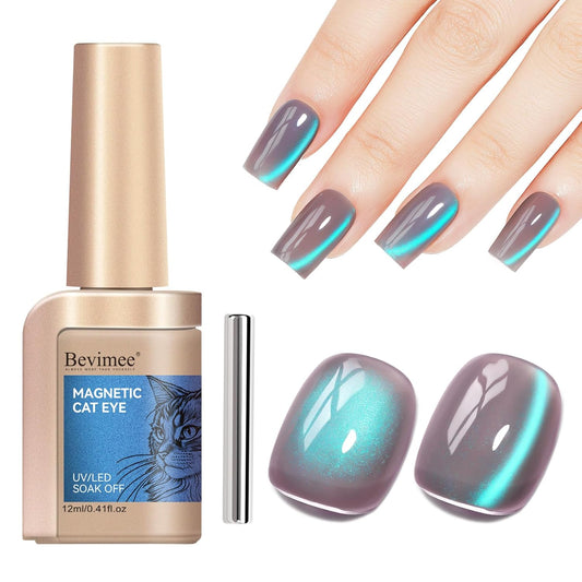 Cat Eye Gel Polish, Glass Blue Glitter Cateye Magnetic Nail Polish Magic Holographic Effect, UV Gel Sparkle Crystal Jelly Color Manicure for Nail Salon DIY At Home