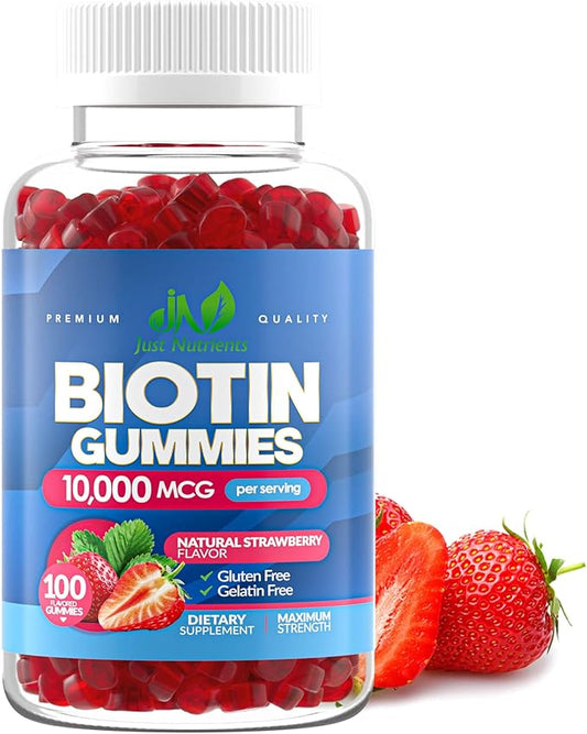 Biotin 10,000mcg Gummies for Women & Men (100 Count) - 2x Extra Strength Biotin for Hair Growth, Skin & Nails - Gluten-Free, Vegan, Non-GMO, Great Tasting Strawberry Flavor - 100 Gummies