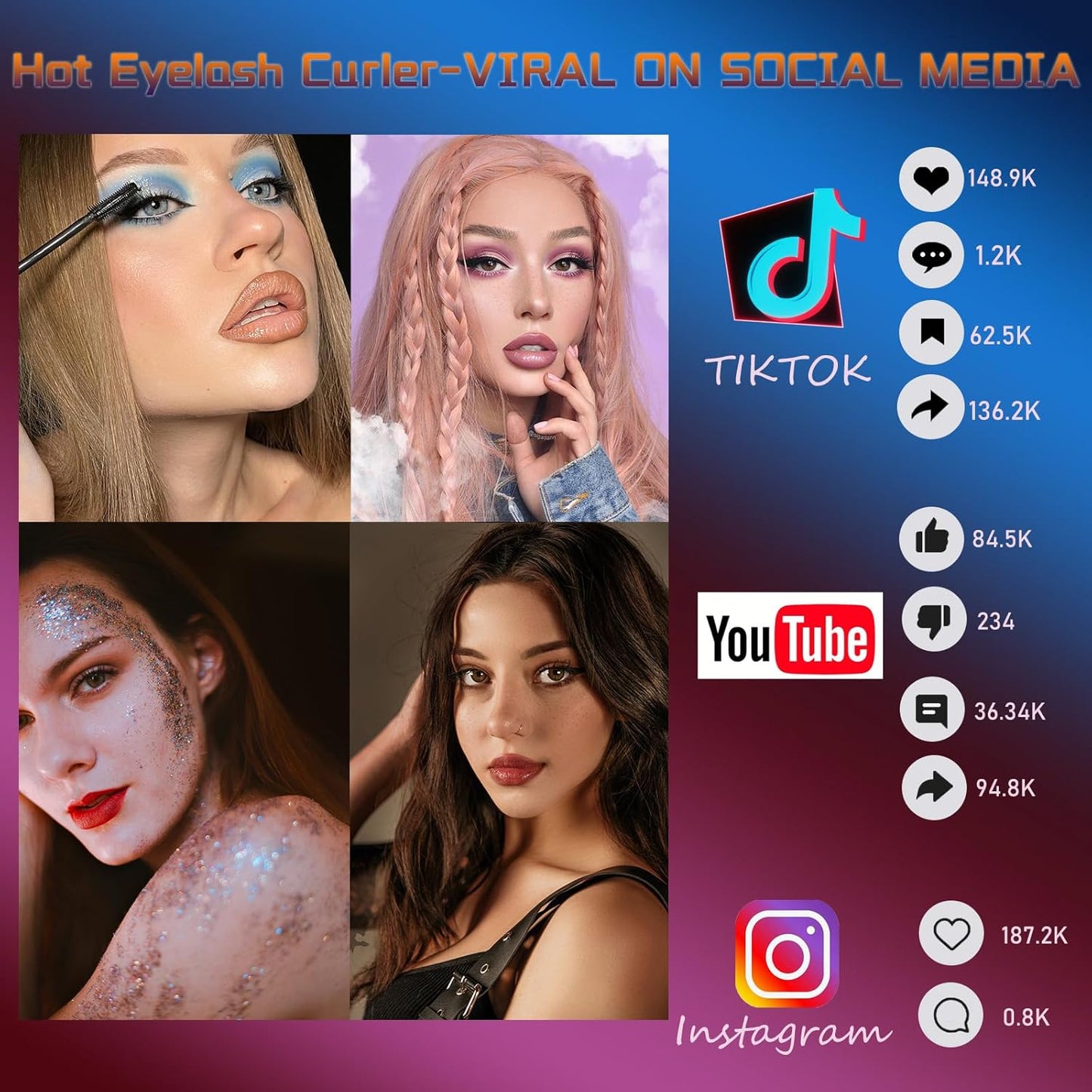 Heated Eyelash Curler - 2 in 1 Clip-Type Electric Lash Curler - 5S Heating - LED Display - 3 Temp Settings - USB Rechargeable - Pink