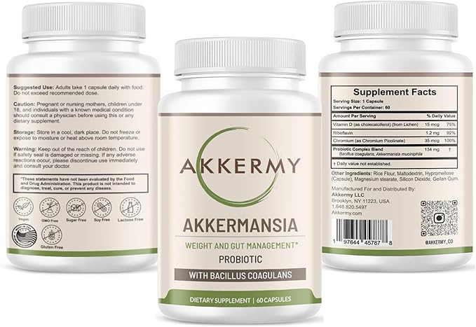 Akkermansia Muciniphila Probiotic for Weight & Gut Management - GLP-1 Boosting Supplement with Bacillus Coagulans, Vitamins B2, D3 & Chromium - SIBO Friendly, Vegan & Gluten Free - 60 Day Supply