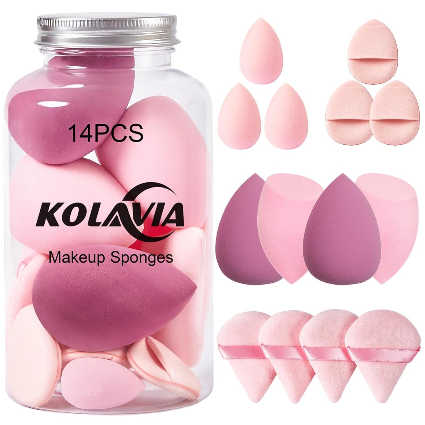14PCS Makeup Sponge Set, Beauty Blender Sponge for Foundation Blending with 3PCS Mini Makeup Sponges & 4PCS Triangle Powder Puff, Soft Make Up Sponges for Face Cosmetic Applicator for Powder Liquid