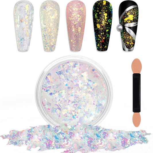 Laza Blue Green Chameleon Flakes Nail Glitter Irregular Opal Nail Foil Flakes Chunky Confetti Color-Shift Sequins Iridescent Fairy Dust for Mermaid Nails Design, Nail Decorations for Nail Art