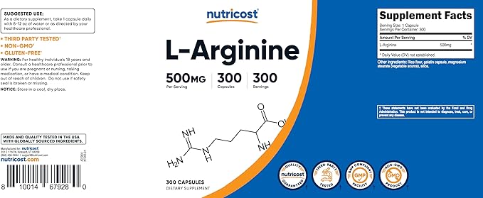Nutricost L-Arginine 500mg, 300 Capsules - Gluten Free and Non-GMO