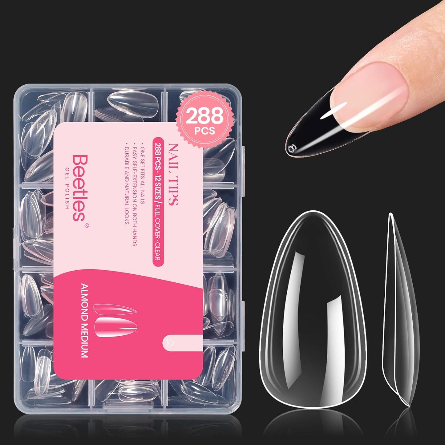 Beetles Gel Nail Tips Clear, Almond Medium, 288Pcs 10 Sizes, Pre-shaped Full Cover Soft Acrylic False Press On Nail Tips Almond Shape Easy Home DIY Fall Fake Nail Extension Art Salon Gift for Women