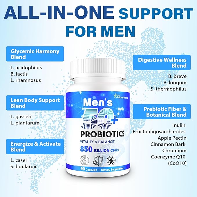 Probiotics for Men, Advanced 50+ Mens Probiotic, Comprehensive Gut & Energy Support with 850 Billion CFU, 1800mg Prebiotics Fiber – Tailored Wellness mens probiotics for gut health over 50, 630Capsule