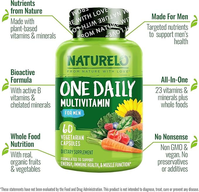 NATURELO One Daily Multivitamin for Men - with Vitamins & Minerals + Organic Whole Foods - Supplement to Boost Energy, General Health - Non-GMO - 60 Capsules - 2 Month Supply
