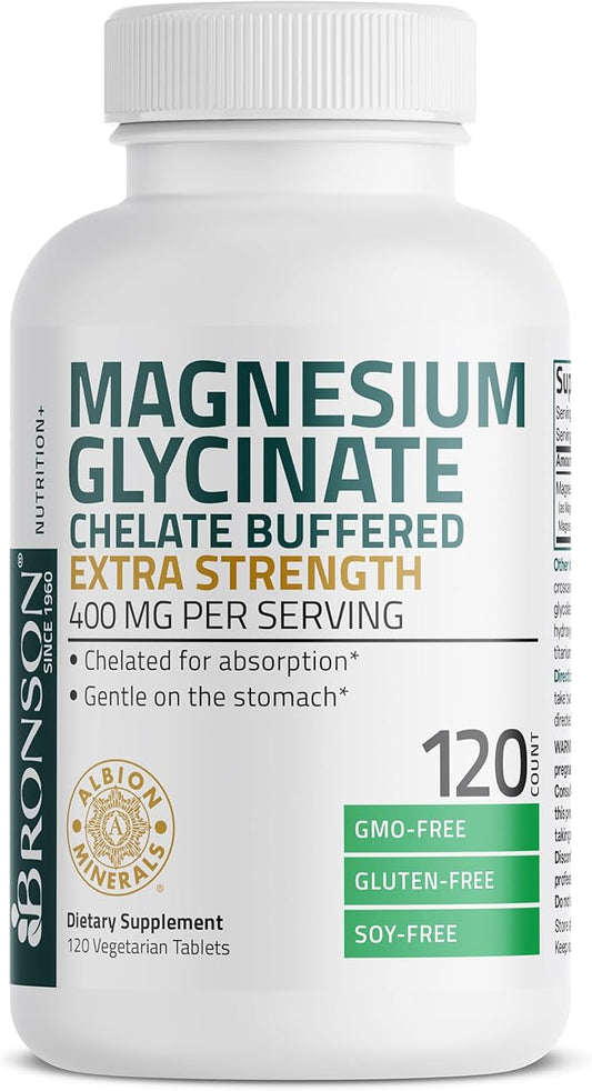 Bronson Magnesium Glycinate 400mg Extra Strength, Vegetarian, Chelated for Absorption Gentle on The Stomach, Non-GMO, 120 Tablets