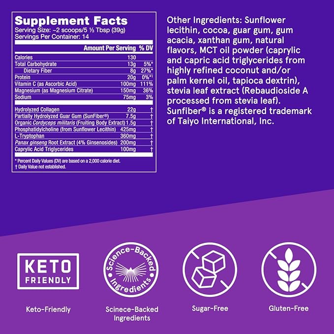 Bulletproof Dark Chocolate Energy Collagen Protein, 19.3 Ounces, Caffeine-Free Fuel with Vitamins and Antioxidants, Blend with Ginseng, Magnesium, Cordyceps Mushroom