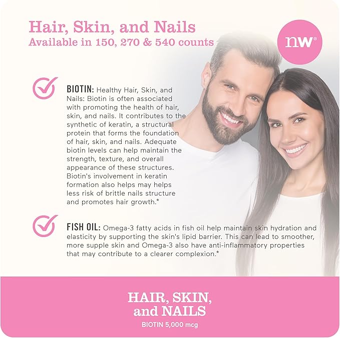 NatureWise Hair Skin and Nails Vitamin, Biotin 5000mcg w/Hyaluronic Acid, Collagen for Women with C, B Complex, D3, A, E, Iron - Non-GMO, Gluten Free - 150 Softgels[50-Day Supply]