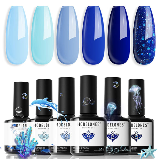 modelones Blue Gel Nail Polish Set 6 Colors, Royal Navy Sky Icy Klein Blue Glitter Gel Polish Kit Light to Dark Shades Soak Off All Seaones Nail Art Gel Salon DIY Manicure Gift for Women Girl