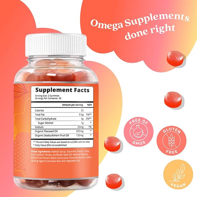 BeLive Organic Omega 3 Gummies - Omega 3 6 9 7 DHA & EPA from Flaxseed Oil & Sea Buckthorn Fruit Oil, Vegan Omega 3 for Kids & Adults, Full Body, Brain & Eye Support, Sugar Free – Peach | 2-Pack