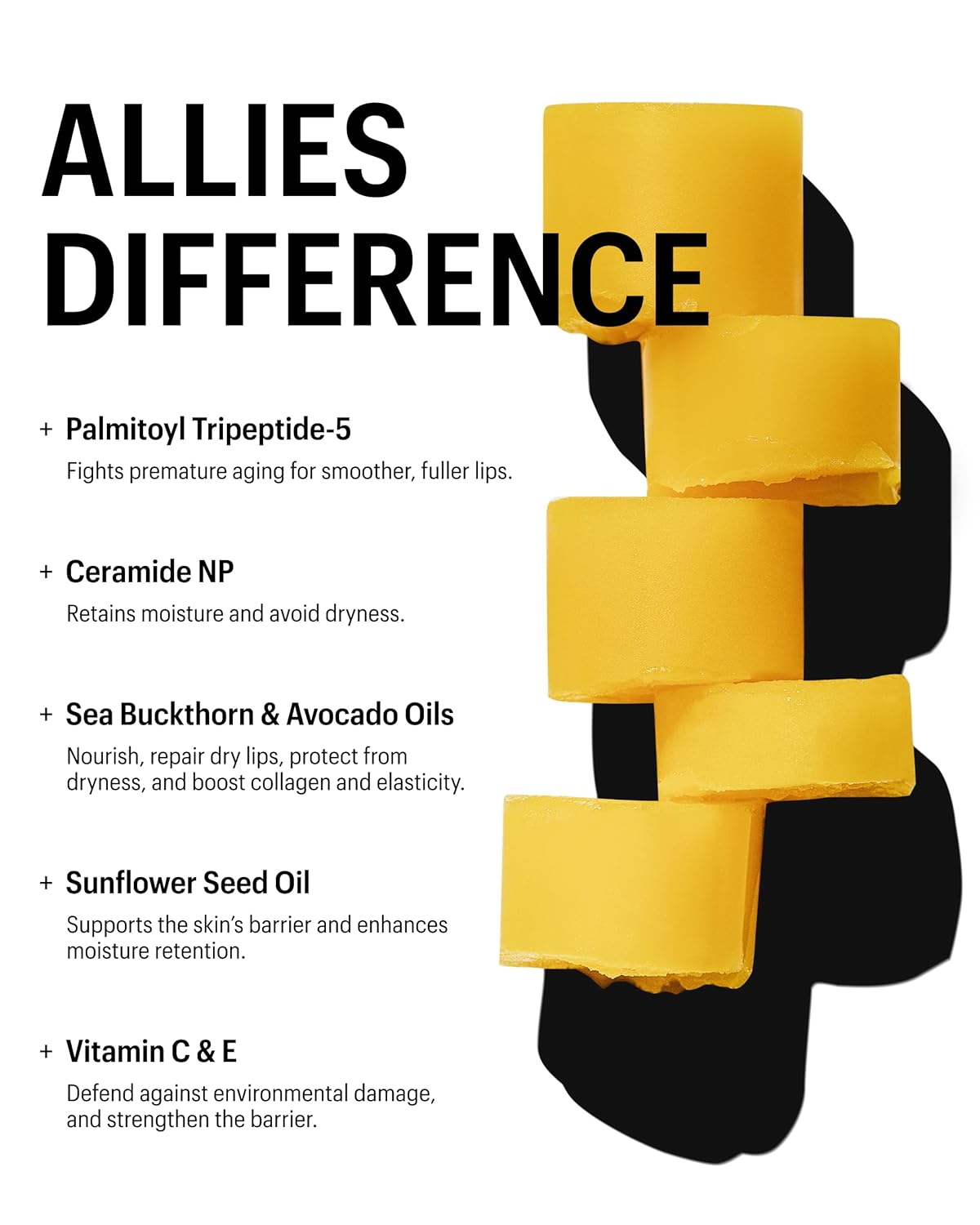 Allies of Skin Peptide & Ceramide Repair Lip Balm with Palmitoyl Tripeptide-5, Ceramide NP, Sea Buckthorn Oil, Avocado Oil, Sunflower Seed Oil, Shea Butter, Vitamin C & E. 3.8g/ 0.13 oz