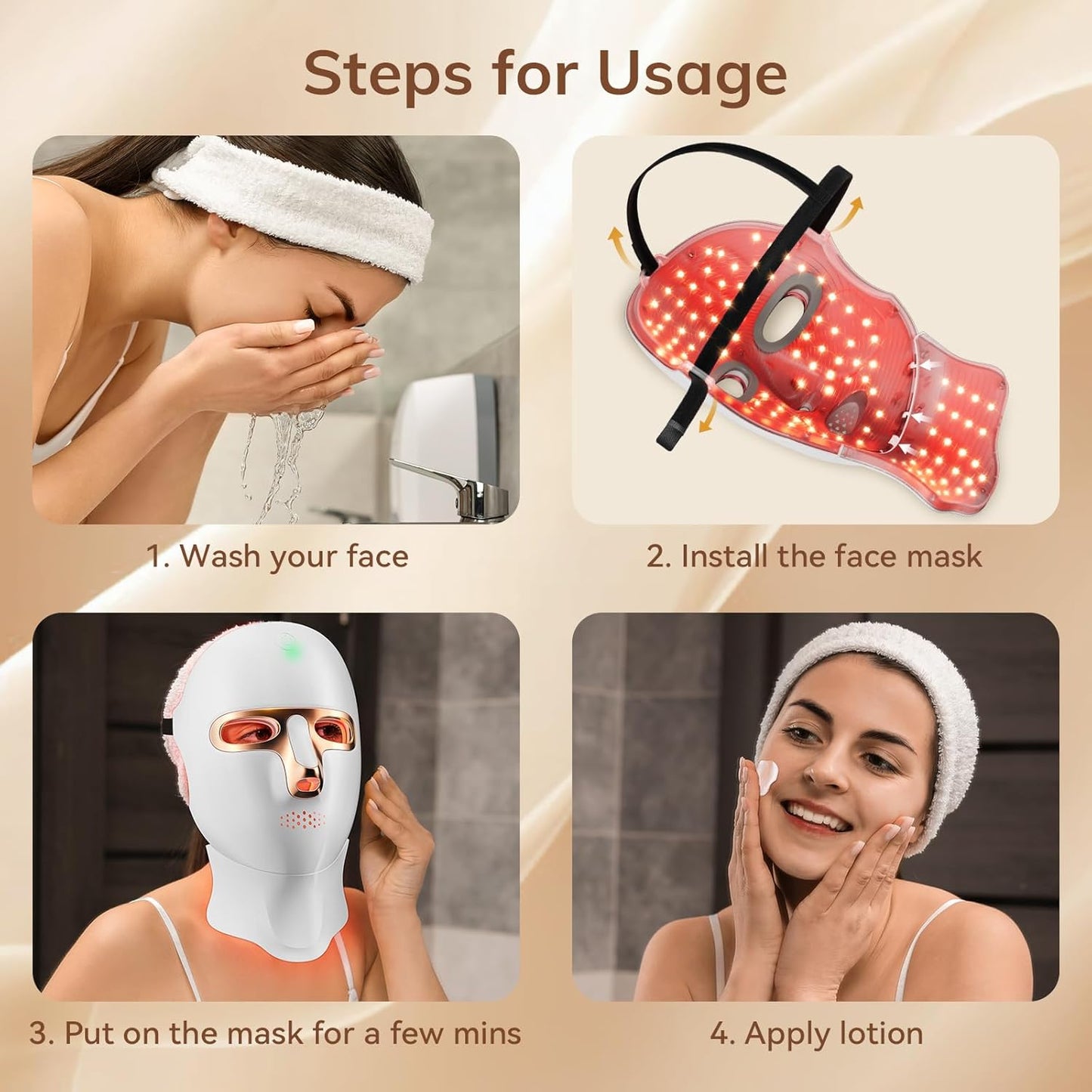 Red Light Therapy Mask for Face,Cordless LED Face Mask Light Therapy,USB C Rechargeable,Infrared Lights Masks for Home Working Travel Yoga Sleep (Amber)