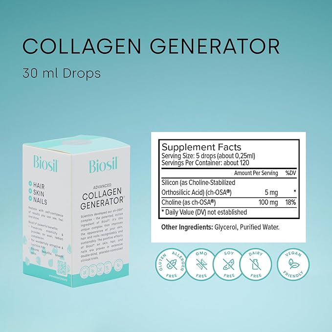 Biosil Collagen Generator - 1 fl oz Drops - with Patented ch-OSA Complex - Generates & Protects Your Own Collagen - GMO Free - 60-Day Supply