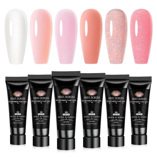 MEET ACROSS Poly Extension Gel Kit - 6 Colors All Season Nude Glitter Pink Sheer Poly Nail Gel Kit Strong Builder for Nail Art Extension Builder Gel Home Nail Salon Gift for Women