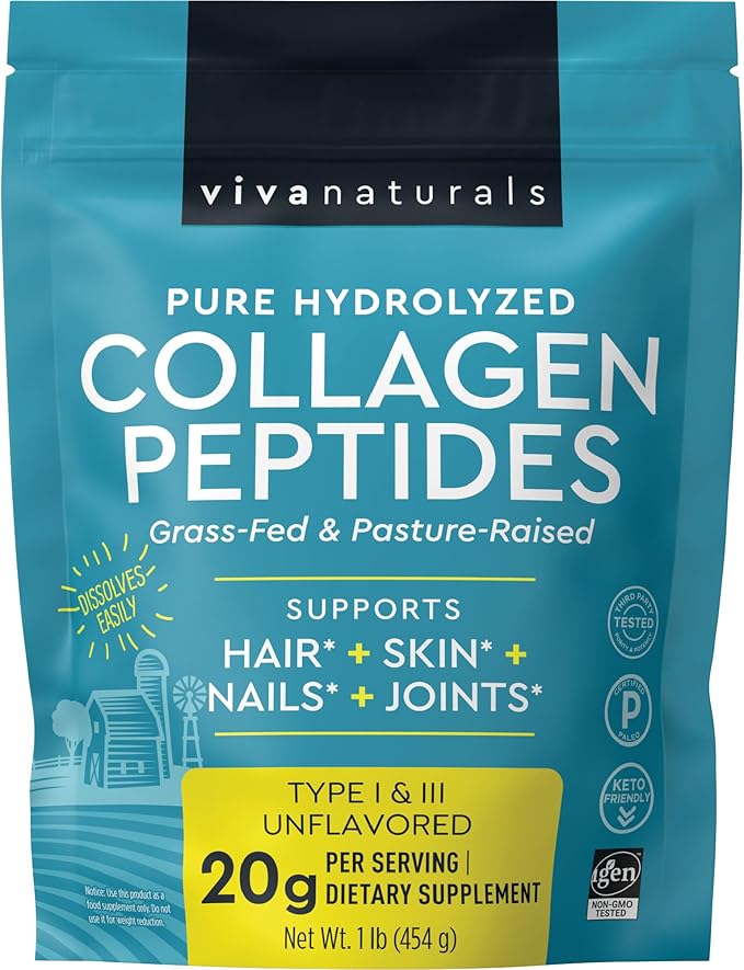 Viva Naturals Bovine Collagen Peptides Powder, 1 lb – Hydrolyzed Collagen for Women – Supporting Healthy Joints, Hair Skin and Nails – Unflavored Collagen Powder