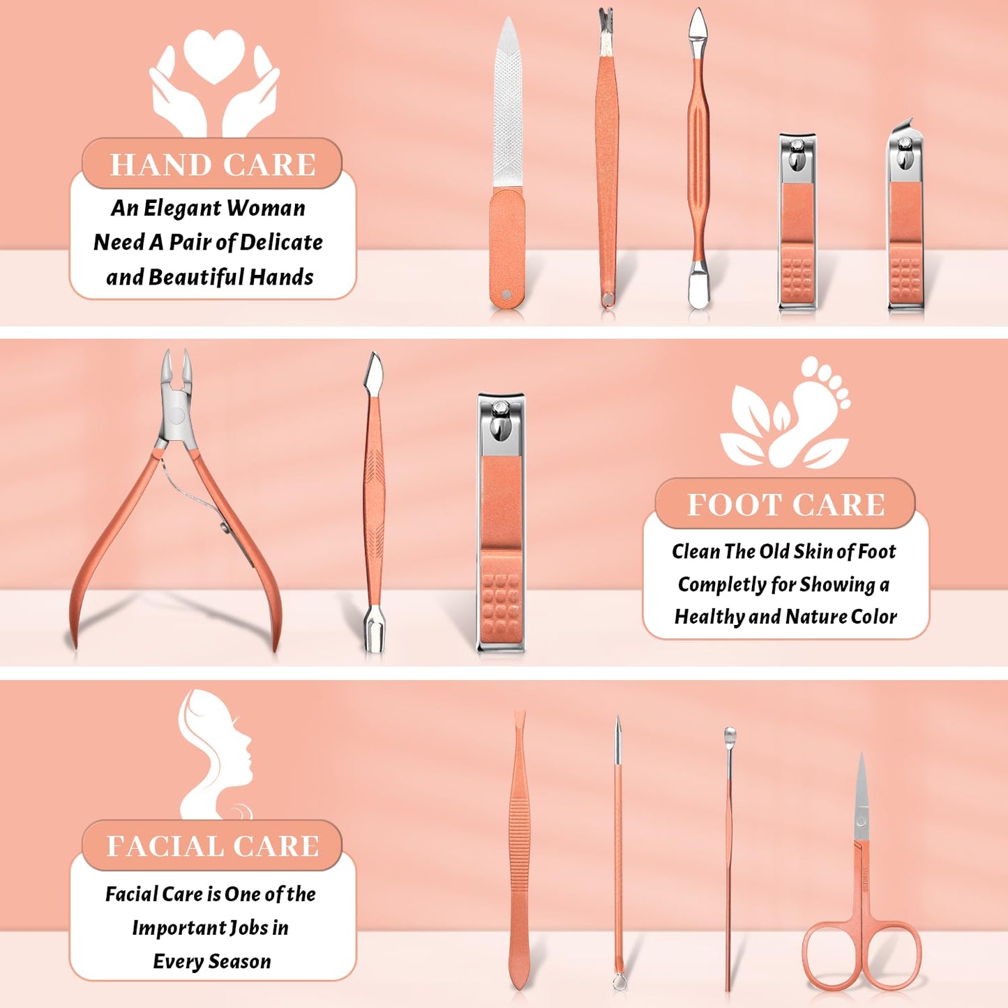 Manicure Set Nail Clipper Set Men Women 12 in 1 Nail Care Kit with Portable Case Travel Manicure Pedicure Tools Grooming Kit Beauty Salon(Rose Gold)