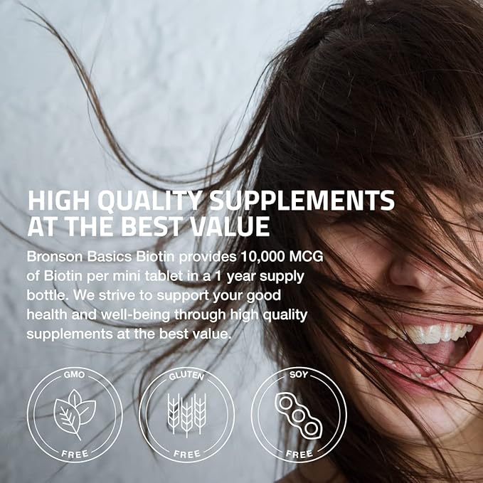 Bronson Biotin 10,000 MCG Supports Healthy Hair, Skin & Nails & Energy Production - High Potency Beauty Support - Non-GMO, 360 Vegetarian Tablets