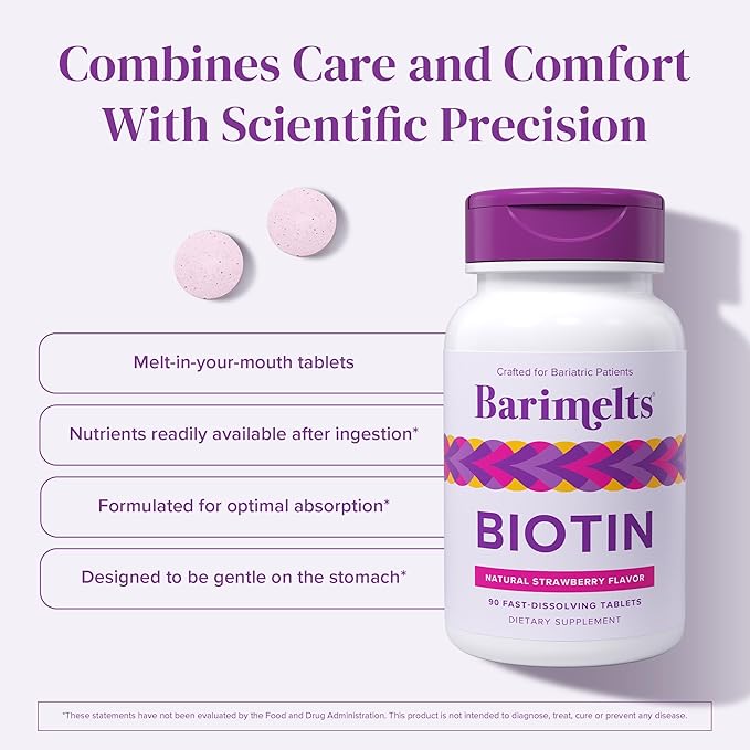 BariMelts Biotin 5000mcg - 90 Fast-Dissolving Tablets (3-Month Supply) - Sugar-Free Bariatric Vitamins for Women, Natural Strawberry Flavor