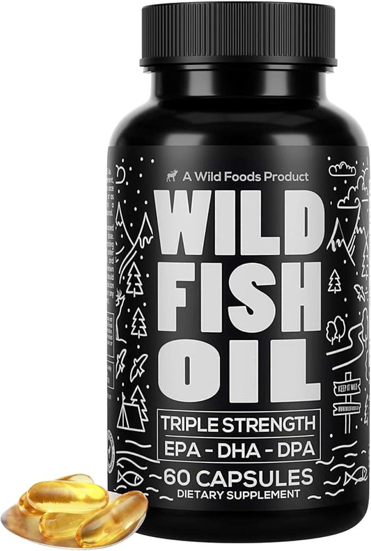 Wild Foods Fish Oil Omega 3 Supplements | 1600 mg | Highly-Potent: DPA, DHA, EPA | Burpless, Odorless, Non-GMO, Gluten Free | For Brain & Heart Health, Joint Support | 60 Capsules (1 pk) | 30 Servings