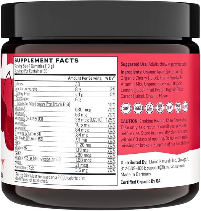 Llama Naturals Real Fruit Gummy Vitamins for Adults | No Added Sugar Cane | Whole Food Multivitamin Gummies | Women + Men | Vegan, Organic, Chewable | 120 ct, 30 Day Supply | Cherry