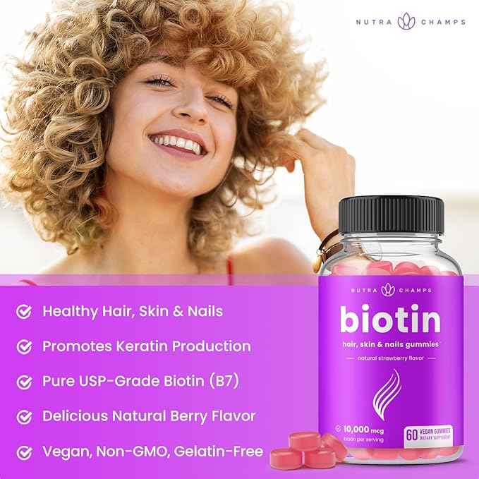 NutraChamps Biotin Gummies 10000mcg [High Potency] for Healthy Hair, Skin & Nails Vitamins for Women, Men & Kids - 5000mcg in Each Hair Vitamins Gummy - Vegan, Non-GMO, Hair Health Supplement