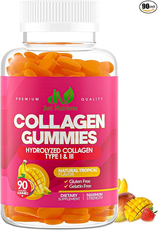 Collagen Gummies for Women & Men (90 Count) - Hydrolyzed Collagen Type I & III for Hair, Skin, Nails & Joints - Gluten-Free, Non-GMO - 90 Gummies