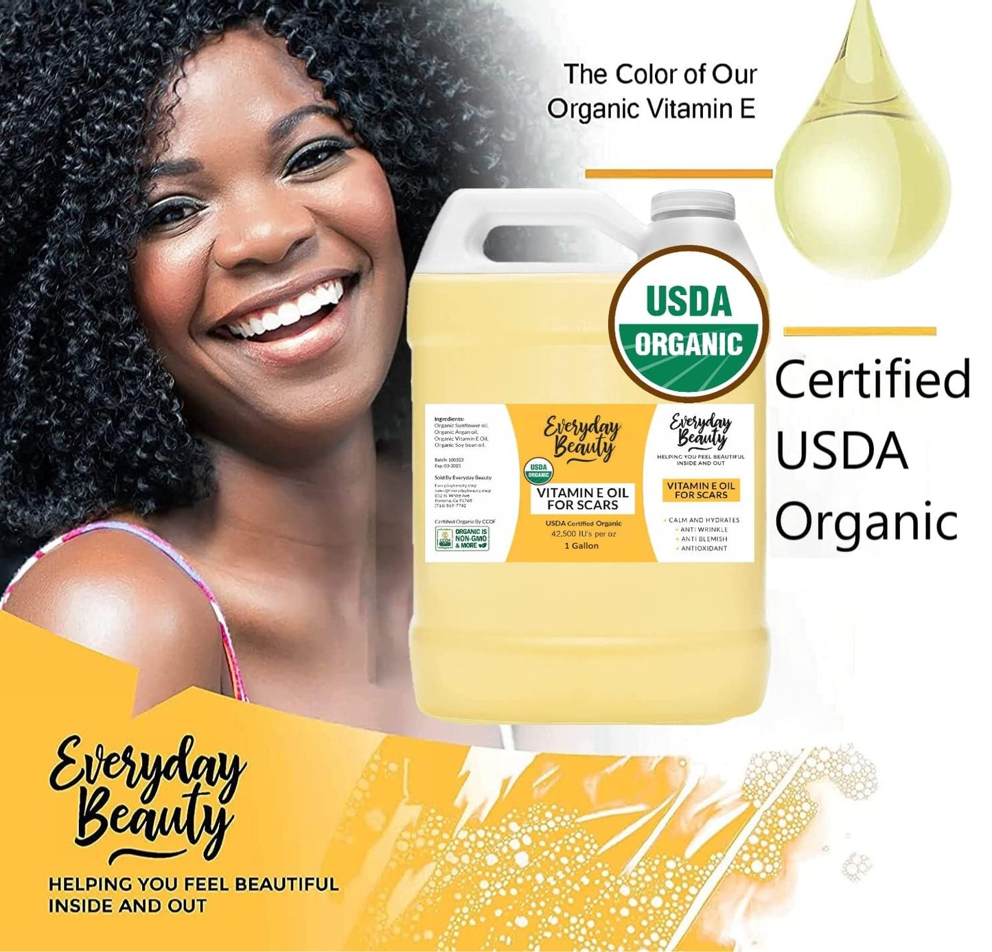 Organic Vitamin E Oil Bulk - 1 Gallon USDA Certified 100% All Natural Plant Based - Light and Unscented Great for Scars After Surgery - For Face, Skin and Nails - DIY, Reduce Wrinkles & Anti Aging