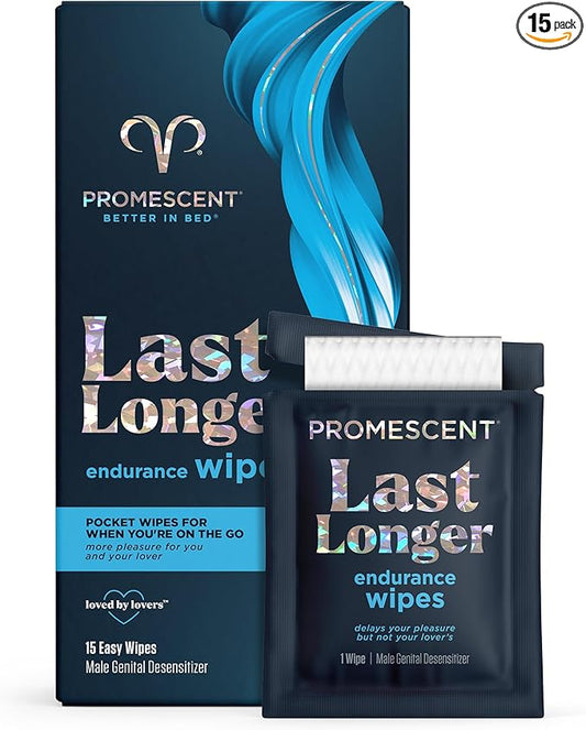Promescent Delay Wipes Sexual Enhancer for Men to Last Longer in Bed, Extended Climax Control with Benzocaine for Male Genital Desensitizing - Increase Duration, Performance, and Stamina (15 Count)