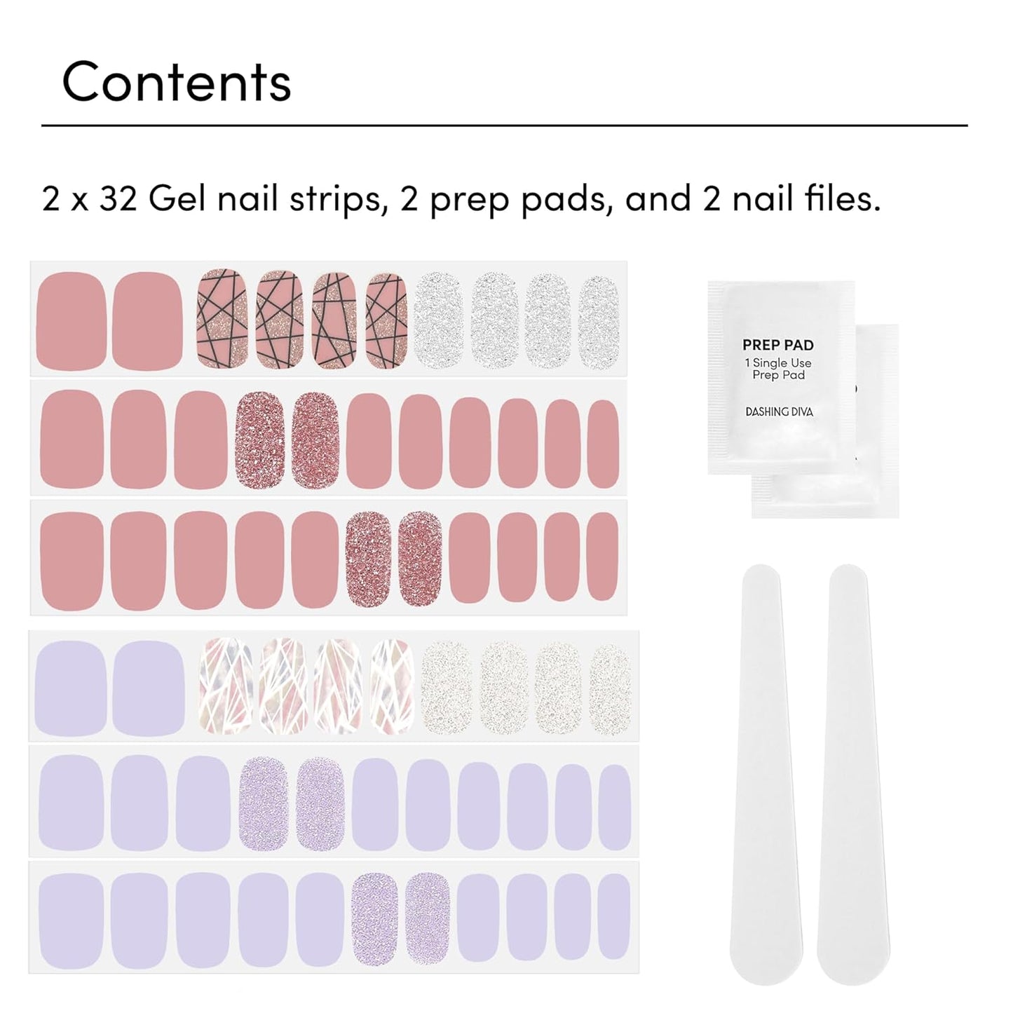 Dashing Diva Gloss Nail Strips Bundle - The Geometric Collection- Rose Sparkle & Gleam Queen - UV Free, Chip Resistant, Long Lasting Gel Stickers - Contains 2 Sets