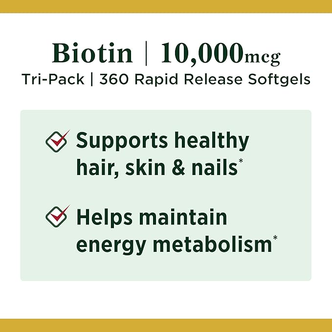 Nature's Bounty Biotin 10,000mcg, Supports Beautiful Hair, Glowing Skin and Healthy Nails, Rapid Release Softgels, 120 Count (Pack of 3)