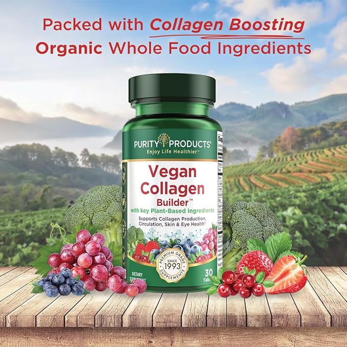 Vegan Collagen Builder - Organic Whole Foods Fruits + Veg, Silica, Lutein, Vitamin C, Biotin, Grape Seed - Amino Acids Glycine, Lysine + Proline Collagen Boosters - Once A Day - 30 Tablets