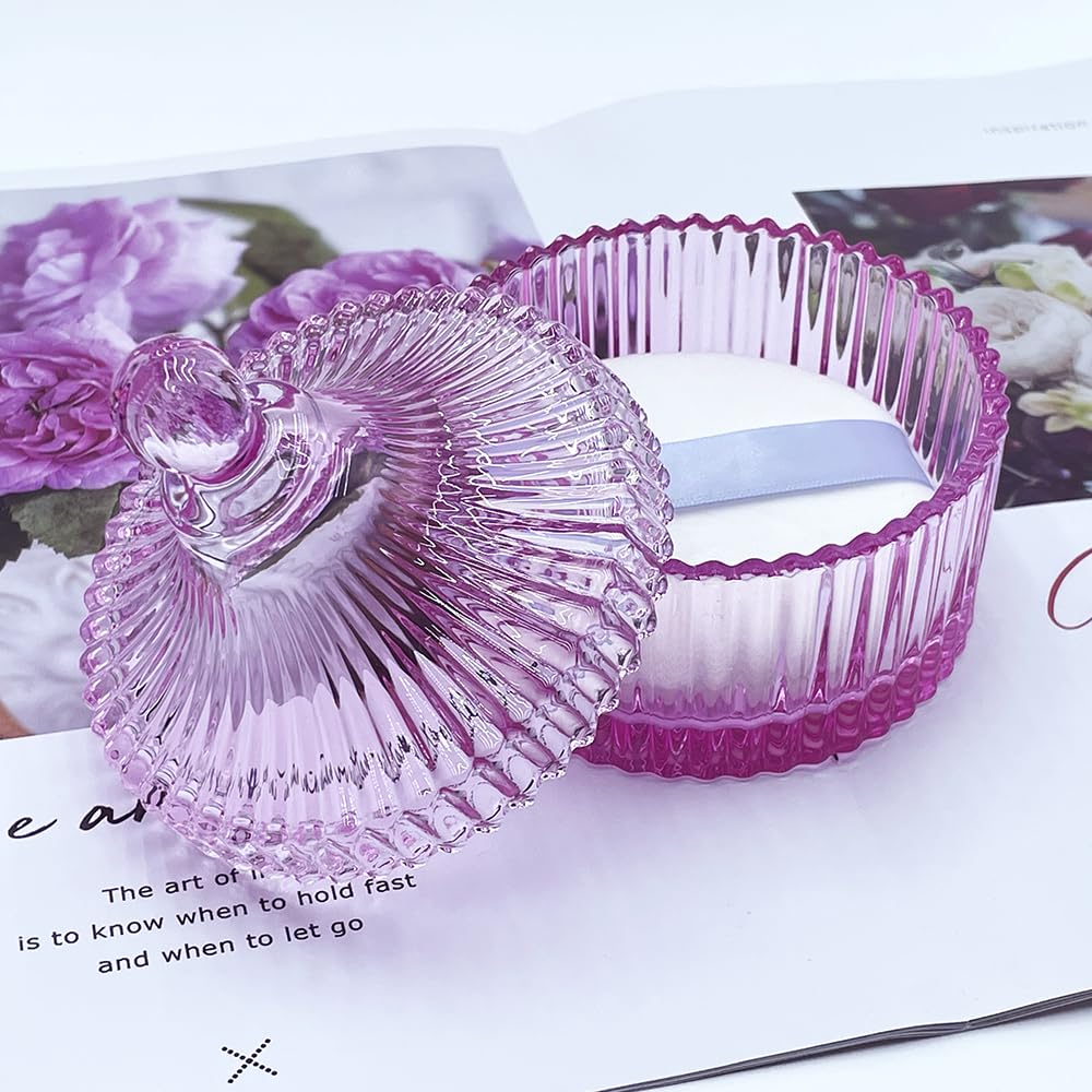 Ultra Soft Powder Puff and Container 3.3" High Density Velvet Dusting Washable Reusable Powder Puff,Body Powder Puff and Glass Jar Holder Loose Powder Box with Puff for Face Makeup(Pink)