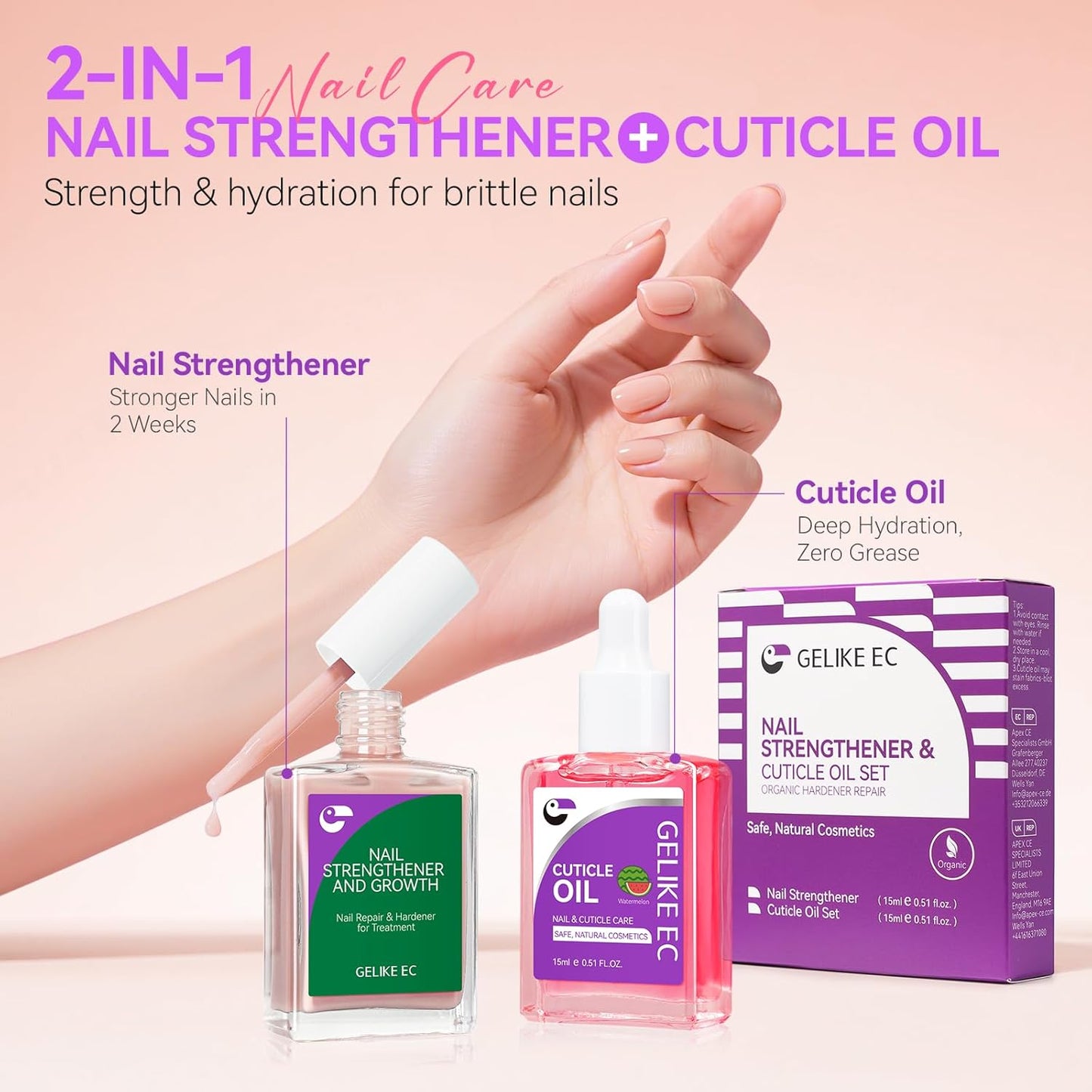 Gelike EC Professional Nail Care Kit: Nude Nail Strengthener and Growth & Watermelon Cuticle Oil (15ml) - Hydrating Protein Care for Dry Nails - Lightweight Non-Sticky - Perfect for Summer Manicures