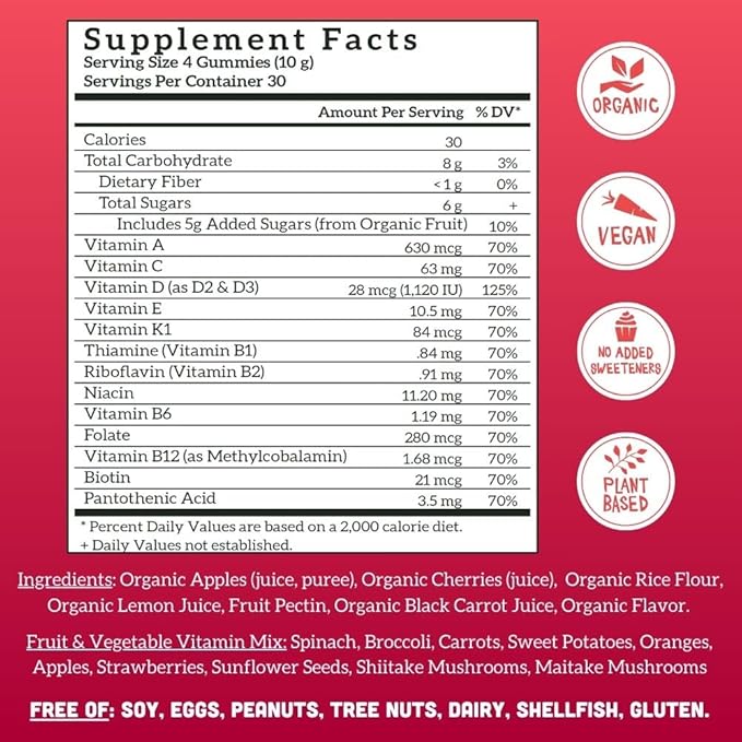 Llama Naturals Real Fruit Gummy Vitamins for Adults | No Added Sugar Cane | Whole Food Multivitamin Gummies | Women + Men | Vegan, Organic, Chewable | 120 ct, 30 Day Supply | Cherry