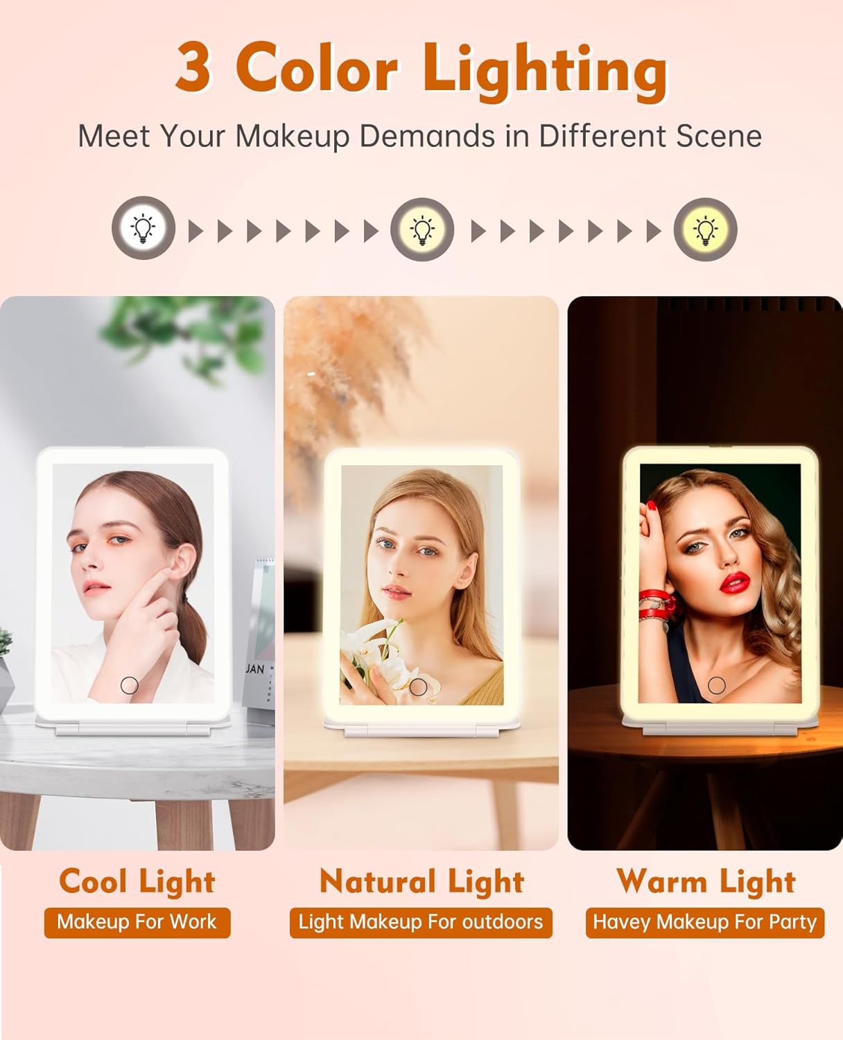 FUNTOUCH Rechargeable Travel Makeup Mirror with Lights and 10X Magnifying Mirrors, Portable Lighted Vanity Mirror with 80 Led,2000mAh Battery,3 Color Lighting,Touch Dimming,Tabletop Light up Mirror