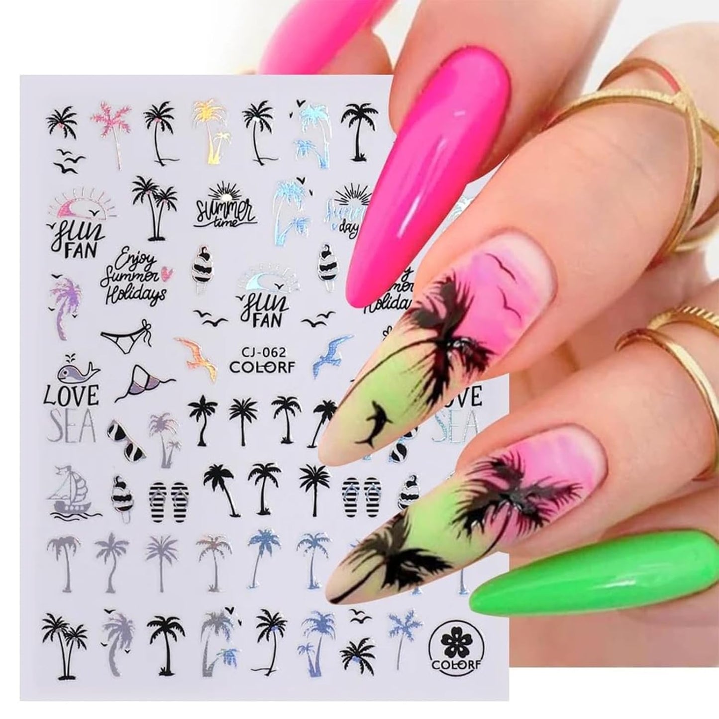 Summer Nail Art Stickers 6 Sheets Shell Nail Decals 3D Self-Adhesive Nails Design Accessories Palm Tree Jellyfish Mermaid Stickers for Women Nails Decoration