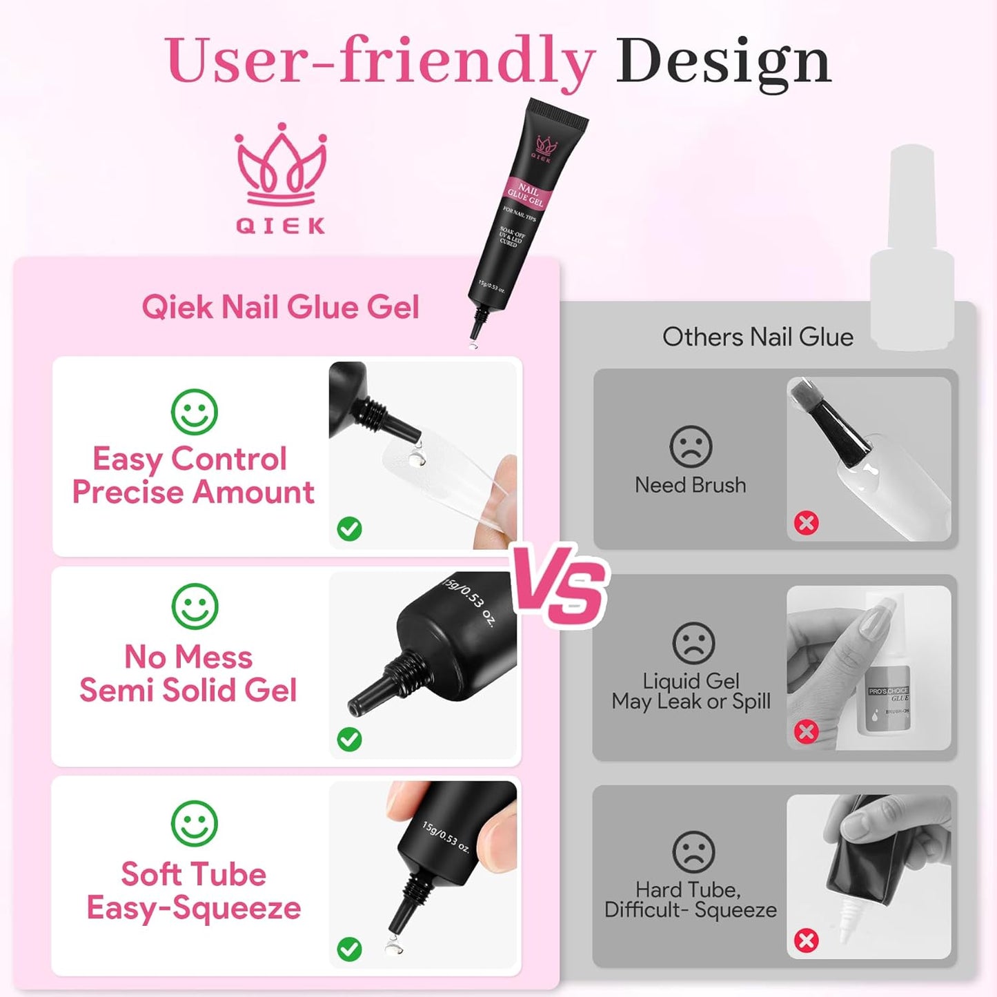 Nail Tips Gel Glue 15g - Lamp Curing Solid Nail Glue for False Acrylic Nails, Crystal Clear Long Lasting 28 Days No Yellowing Salon Quality DIY Home Beginner-Friendly